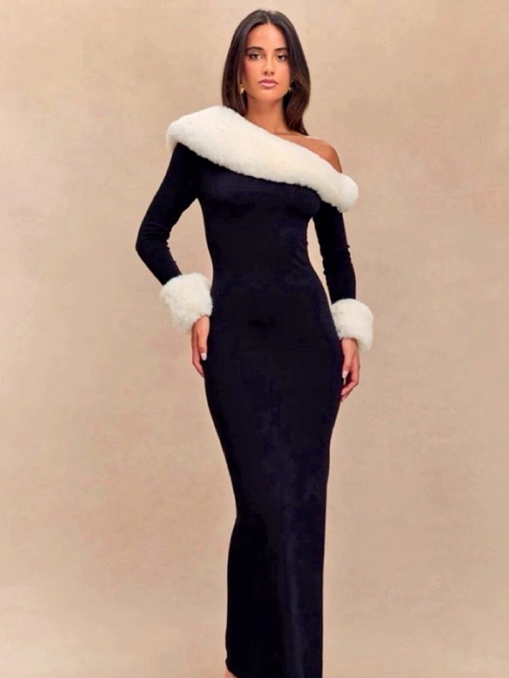 Meshki Karleigh Faux Fur Knit Maxi Dress Black & White XS